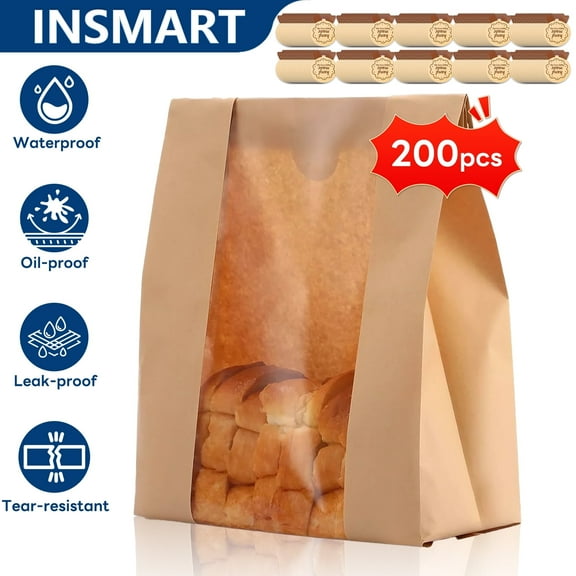 INSMART 200 Pack Paper Bread Bags,Kraft Paper Bakery Bags with Window, 13.78x8.27x3.54inch Eco-Friendly Food Storage Bags for Homemade Bread,Sourdough,Pastries