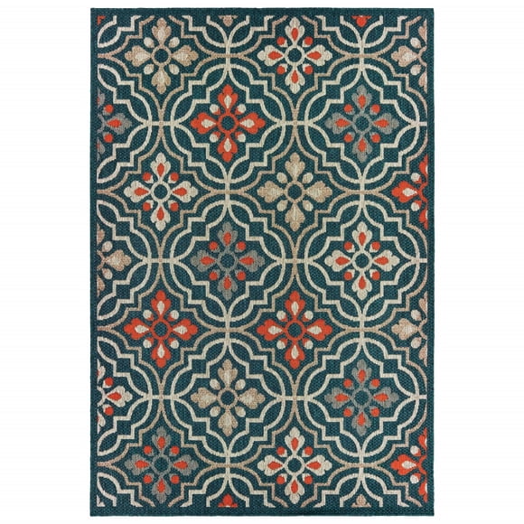 homeroots outdoor 388363 7' x 10' Blue Orange Floral Lattice Indoor Outdoor Area Rug