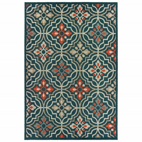 homeroots outdoor 388364 10'x13' Blue Orange Floral Lattice Indoor Outdoor Area Rug