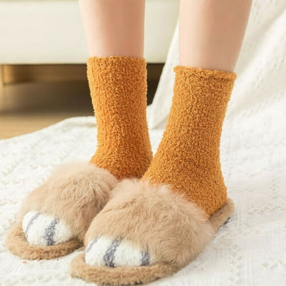 MUSEYA 2 Pair Cat Sleep Socks Coral Fleece Tube Socks Warm for Men Women Hiking Outdoor Black Yellow
