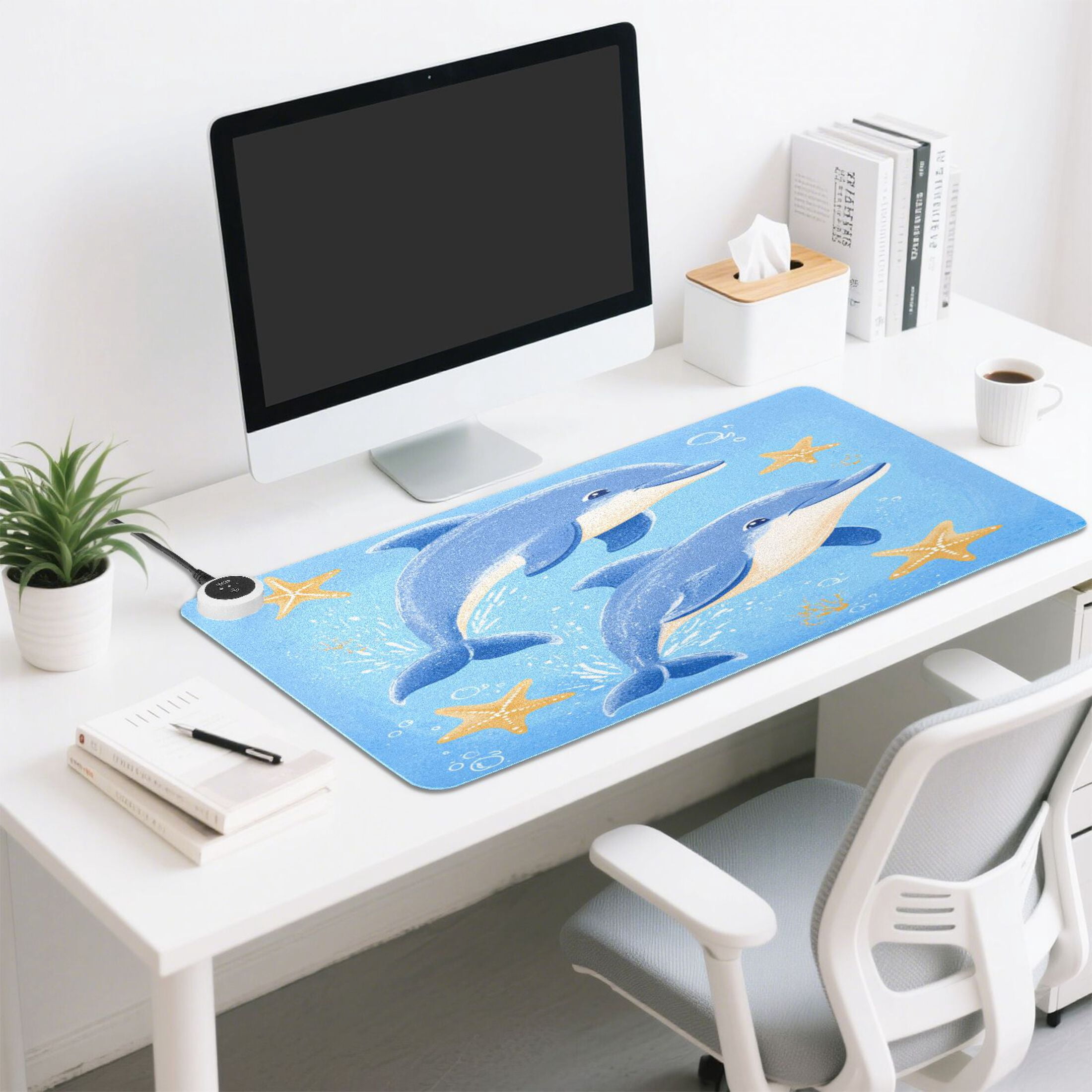 Large Heated Desk Mat Mouse Pad 31.5"x13"PU Leather Graphene Heating Desk Warmer with 3 Temperature Settings 110V US Plug Non-Slip Warm Pad for Home, Office, and Gaming Two Dolphins Jumping Pattern