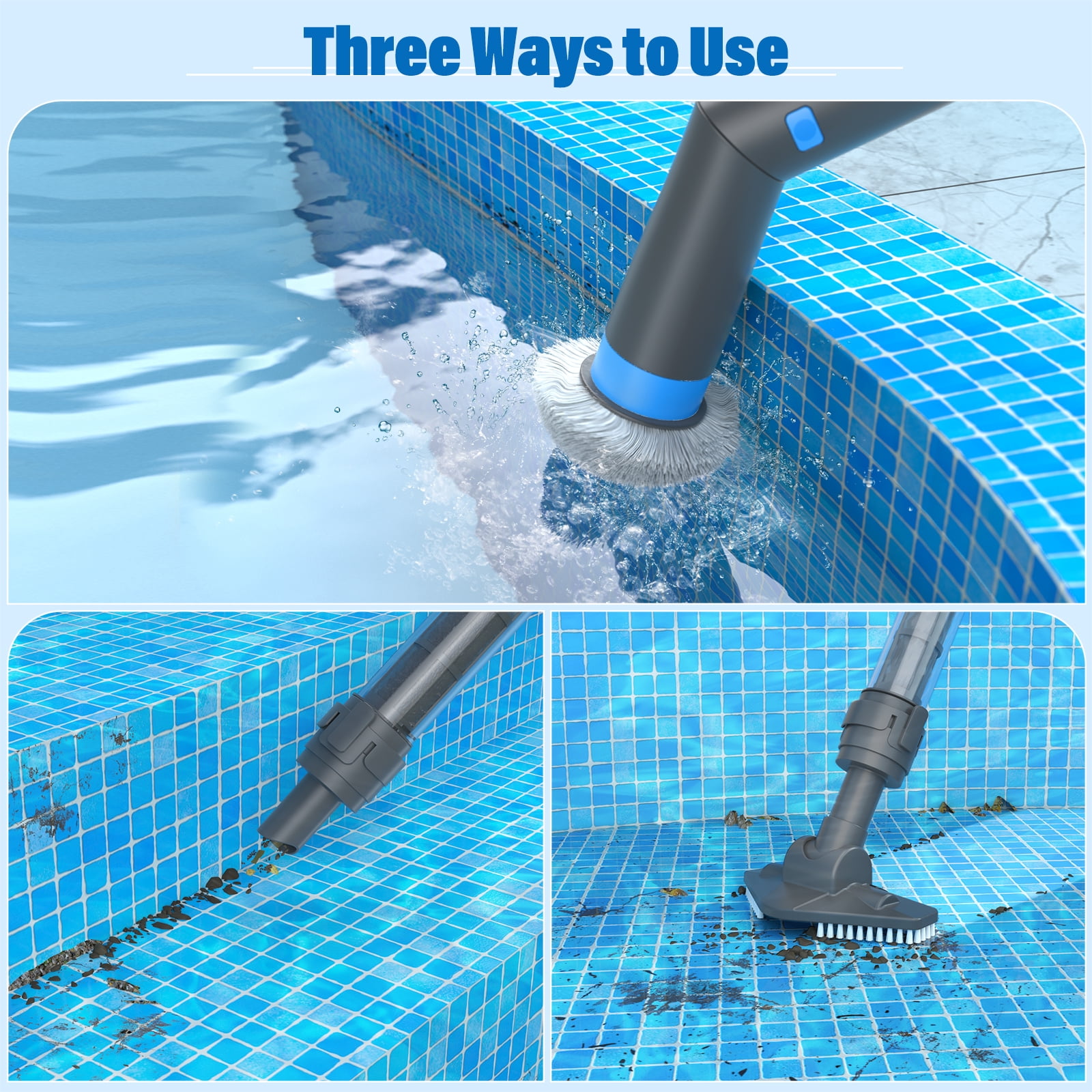 Efurden Handheld Pool Vacuum, Cordless Rechargeable Pool Cleaner with Round Brush for Spas, Hot Tubs and Small Pools (Blue)