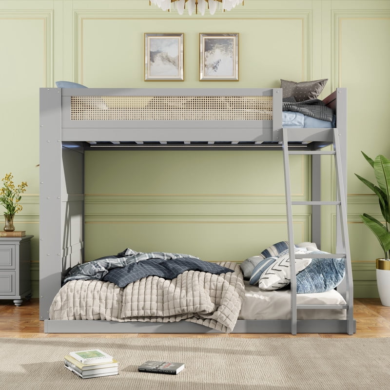 Twin-Over-Full Bunk Bed with Built-in Ladder & LED Strip, Storage Wooden Bed Frame with Bookshelf & Rattan Guardrail
