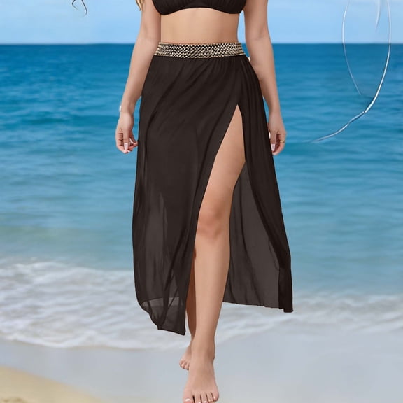 Women's High Waist Midi Skirt High Slit Sheer Beach Cover Up Elegant Skirts Beach Outfits Black XXL