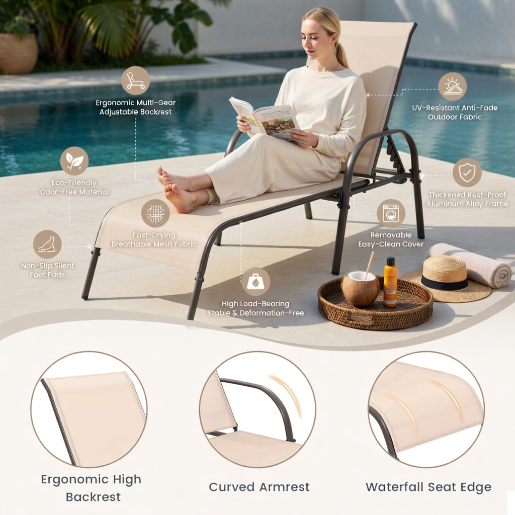 Hommoo Adjustable Folding Patio Chaise Lounge Chair, 5-Position Reclining Backrest, Weather-Resistant Fabric & Powder-Coated Steel Frame, Brown