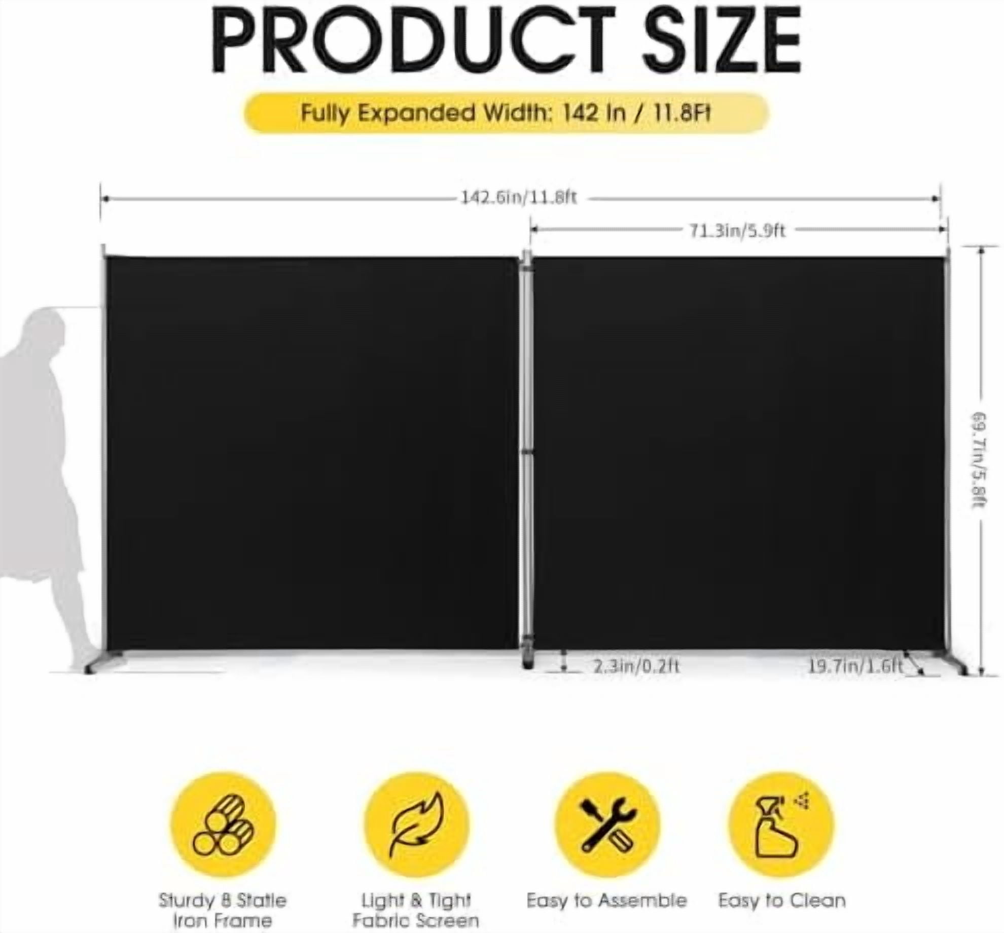 2 Large Panels Room Divider,Portable Office Divider,Convenient Movable,Folding Partition Privacy Screen for Bedroom,Dining Room, Study,142" W x 71" H,Black