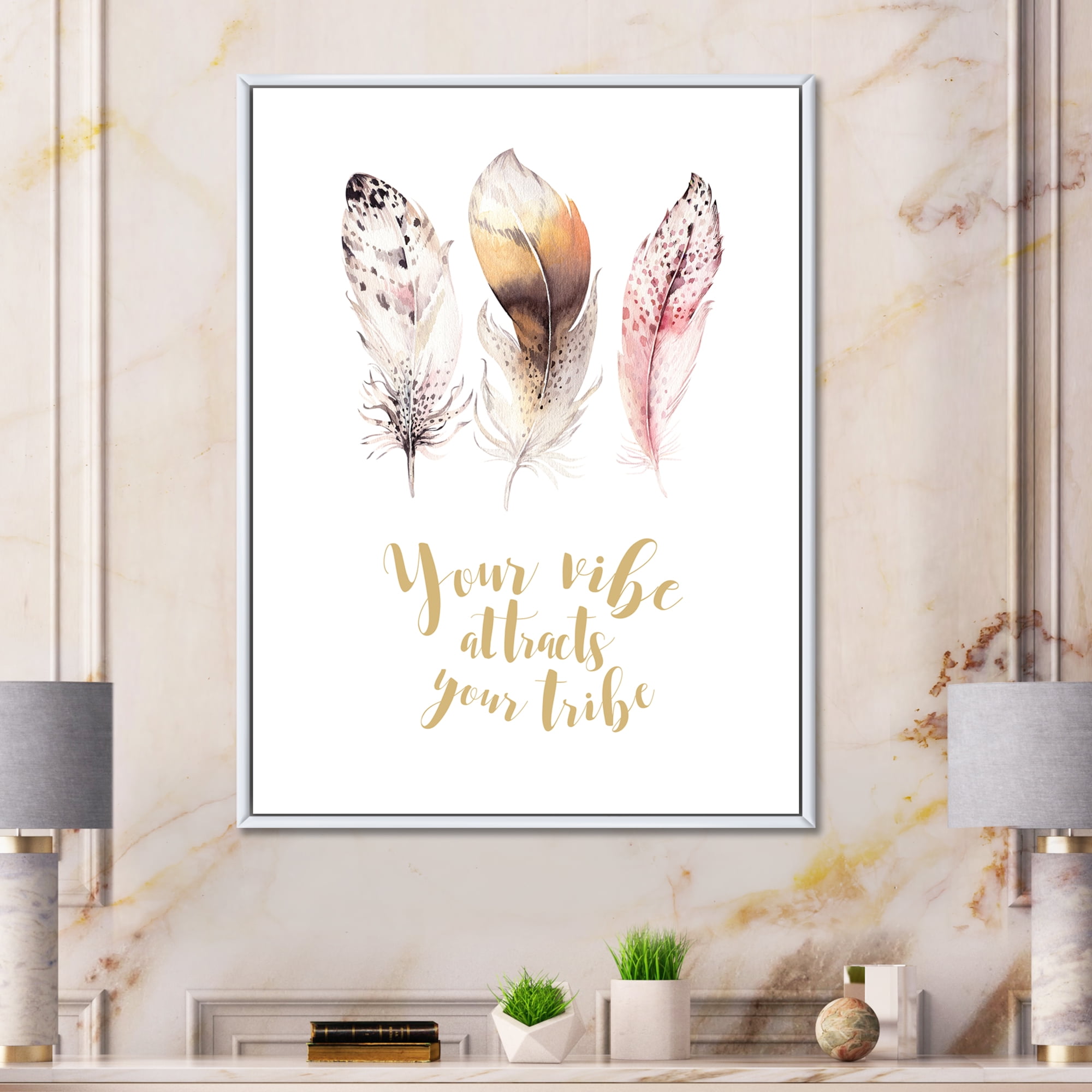 Your Vibe Attracts Your Tribe Ethnic Feathers I 16 in x 32 in Framed Painting Canvas Art Print, by Designart