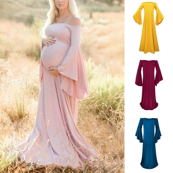 Jacenvly New Pregnant Clothes s Women'S Maternity Dress Fashion Pregnant Women Ruffled Long-Sleeved Off-The-Shoulder Dress Shooting Photo Dress Long Skirt Maternity Dress Plus Size Red Xxxxl