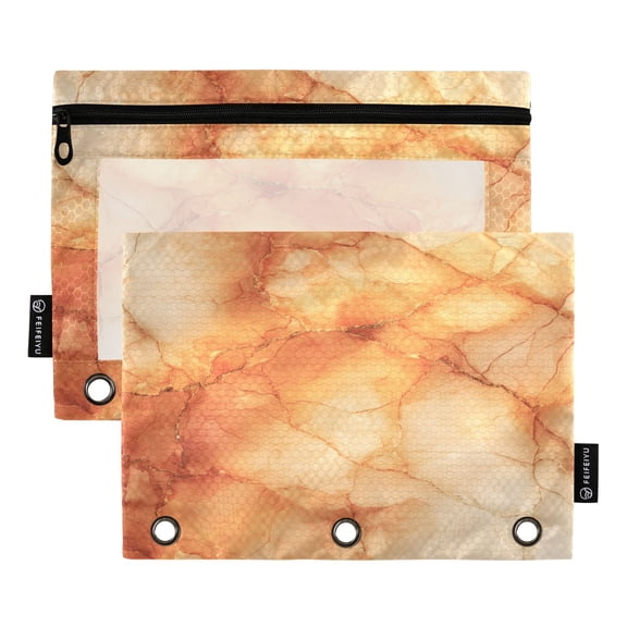 2 Pack 3 Ring Binder Pouch with Clear PVC Window Water Resistant Zipper Pencil Pouch Orange Marble Crack Binder Pocket for Classroom Office Home Stationery Organization