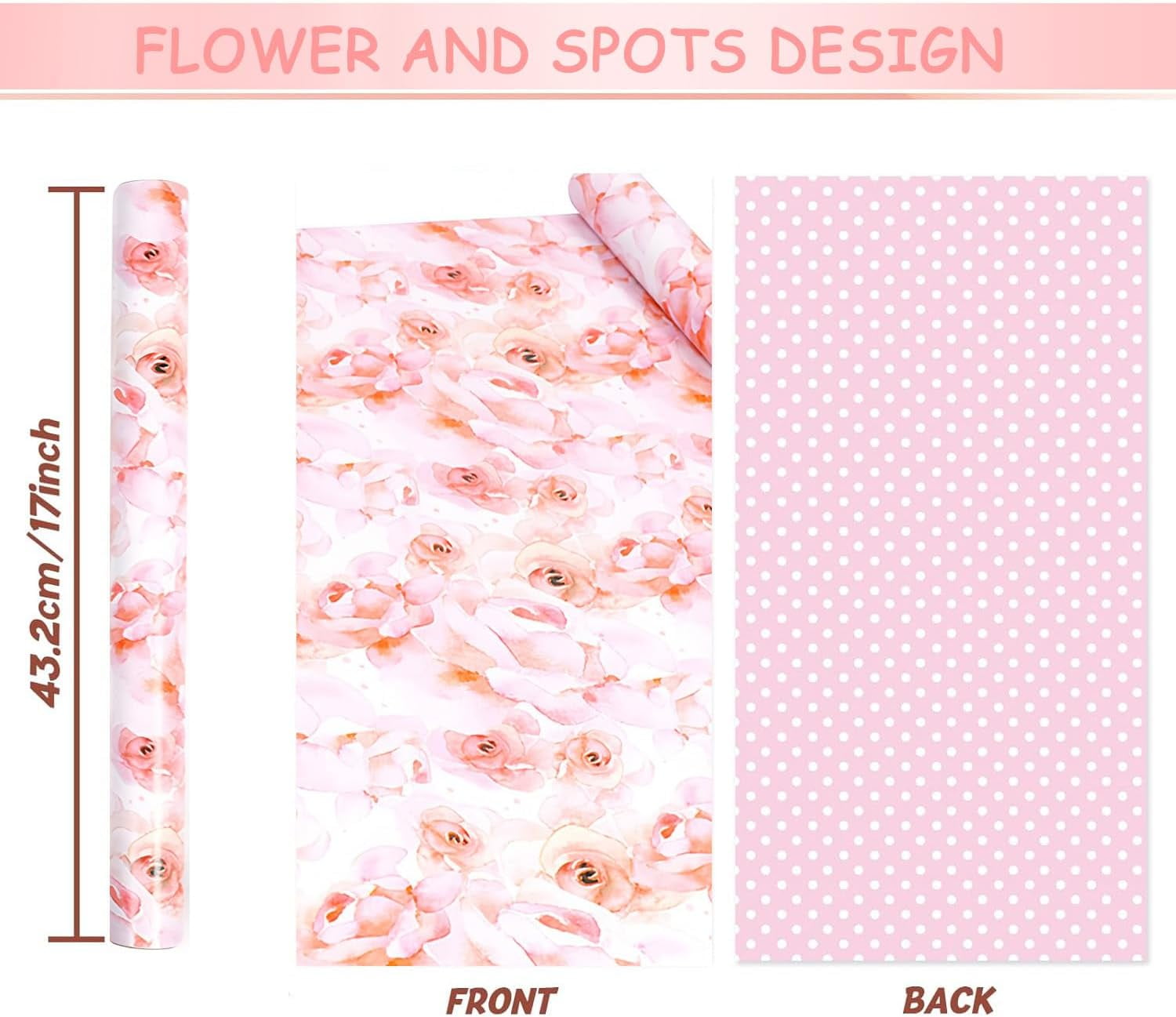 Floral Reversible Wrapping Paper Roll - 1 Roll 17’’ x 33 ft Happy Birthday Wrapping Paper Roll Kids Pink Floral Birthday Gift Wrap Roll Girls Wrapping Paper Polka Dot Design Weddings Bday Party Favor