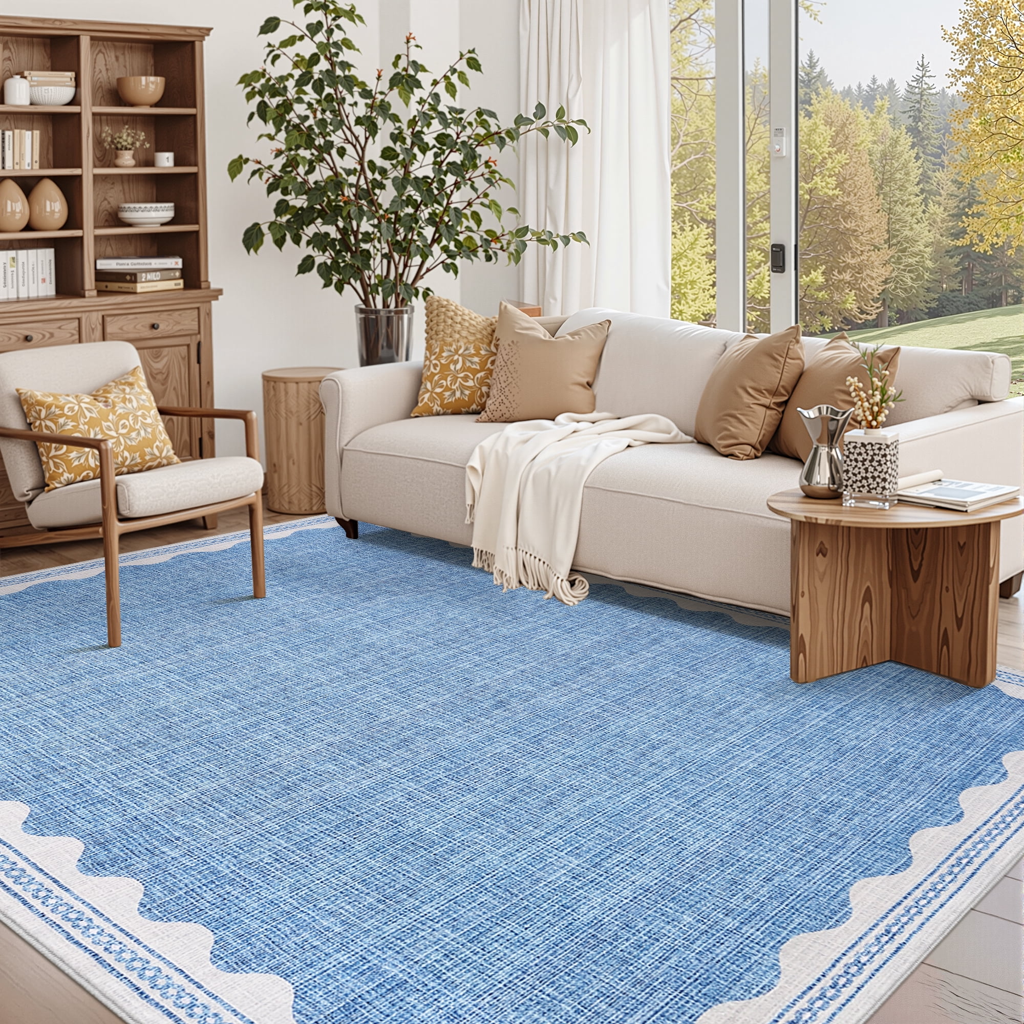 Tzou Modern Scalloped Border Washable Rugs 9' x 12', Non-Slip Low Pile Area Rug for Living Room, Machine Washable Stain Resistant Carpet