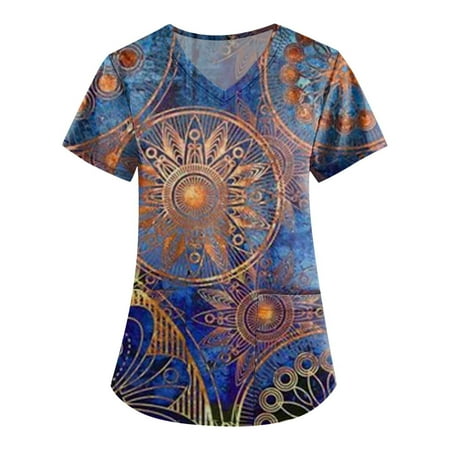 

DNDKILG Womens Pockets Holiday Uniform V Neck Short Sleeve T Shirt Casual Scrubs Top Geometric Print Professionals Nursing Scrubs 4XL
