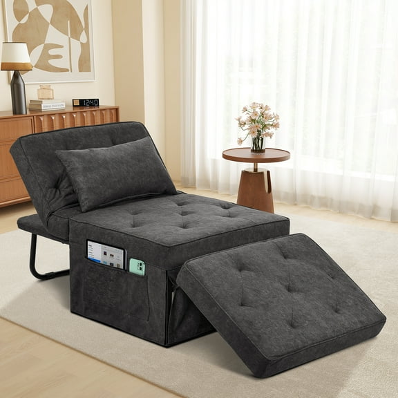 Convertible Sofa Bed, 4 in 1 Multi-Function Folding Ottoman Bed with Adjustable Backrest, Modern Pull Out Sleeper Chair for Living Room Apartment Office (Gray, Medium-28 Width)