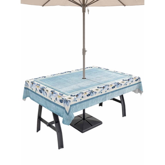 Outdoor Tablecloths with Umbrella Hole & Zipper, Teal Blue Spring Floral Tablecloth Rectangle 60x84 Inch, Vintage Elegant Summer Botanical Waterproof Table Cloth, Patio/Pool/Picnic Table Covers