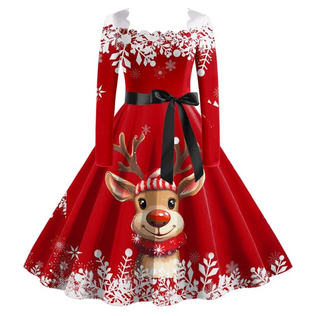 Wyzesi Longues Robes pour Femmes Invitées de Mariage à Manches Longues Noël Robe Classique pour Femmes Robe de Thé à Manches Longues avec Ceinture Robe Évasée de Fête Pyjamas de Noël Costume