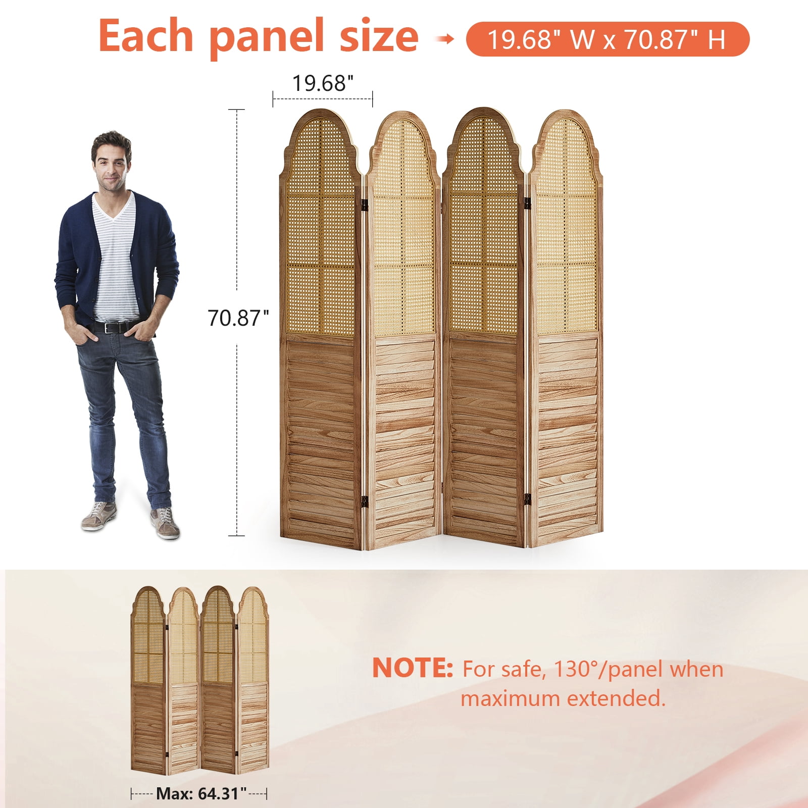 Aletheiawu 4 Panel Rattan Room Divider, Foldable Privacy Screen, No Installation, Light Brown