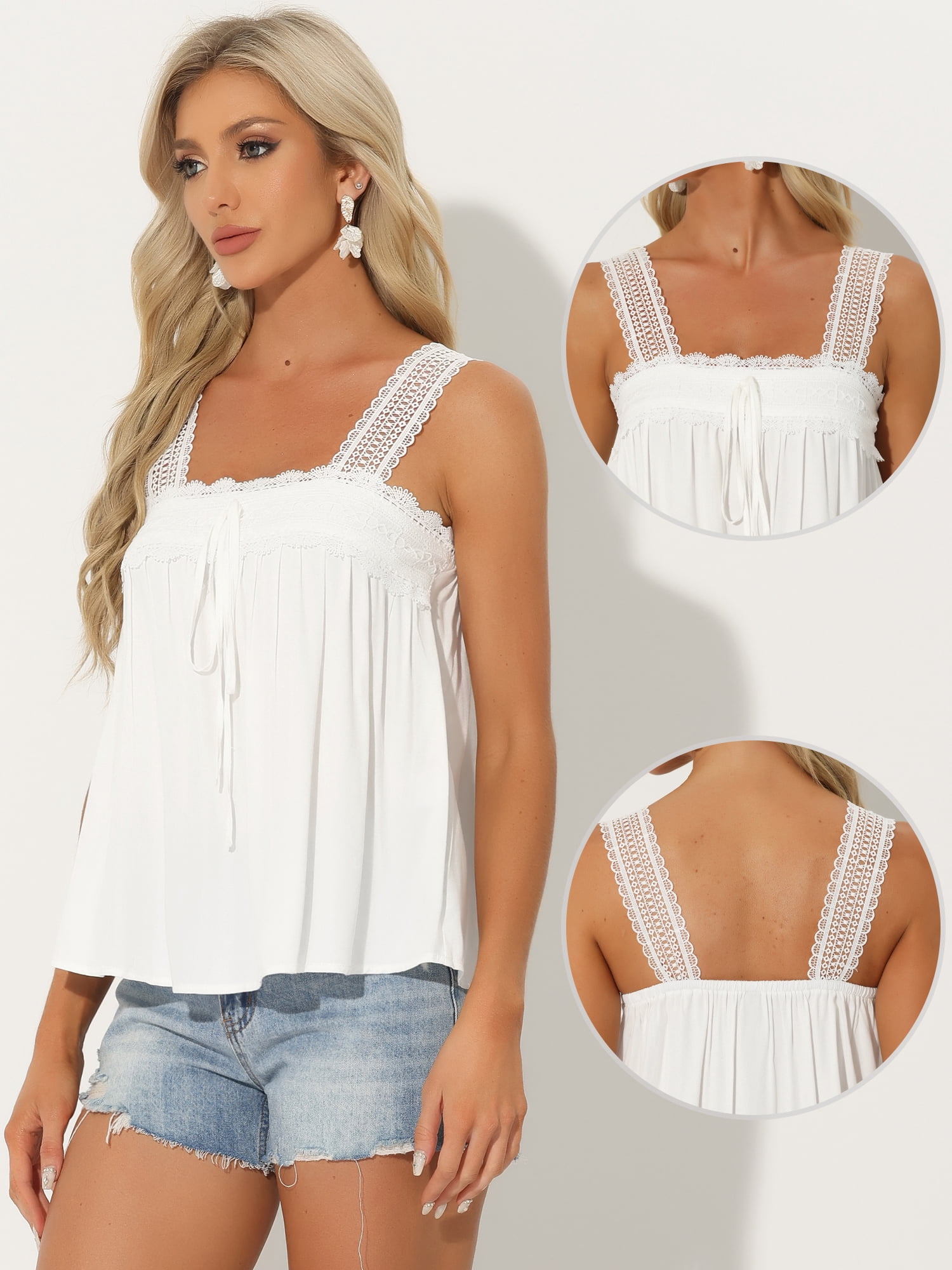 DARING DIVA Women's Square Neck Panel Lace Ruffles Tank Tops M White
