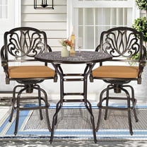 SOCIALCOMFY 3 Piece Patio Swivel Bar Set, All Weather Cast Aluminum High Swivel Bar Stools Chair Set of 2 and 38.5" High Bar Table W/Umbrella Hole, Outdoor High Stool Bistro Set for Garden Lawn Porch