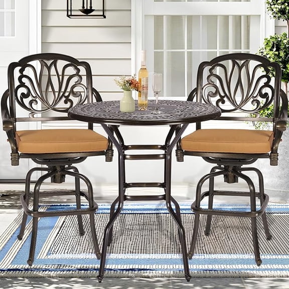 SOCIALCOMFY 3 Piece Patio Swivel Bar Set, All Weather Cast Aluminum High Swivel Bar Stools Chair Set of 2 and 38.5" High Bar Table W/Umbrella Hole, Outdoor High Stool Bistro Set for Garden Lawn Porch