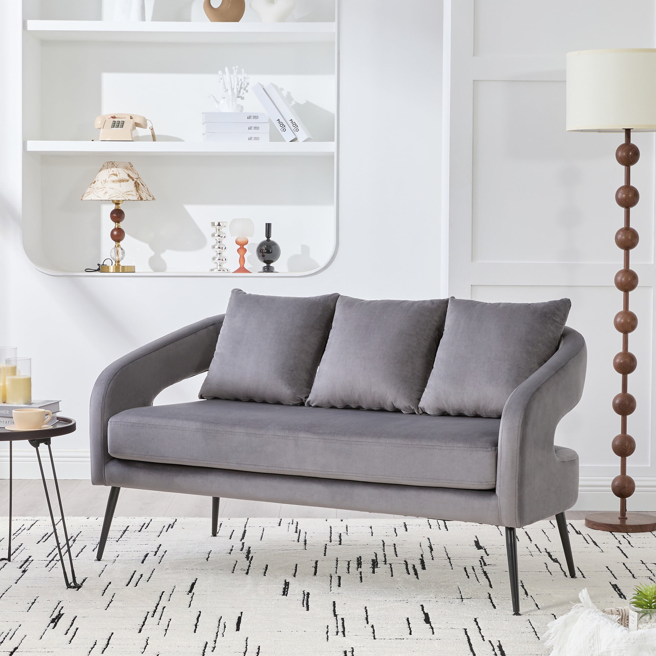 Noble House Norford 53.7" Velvet Open-Back Loveseat Settee, 2-Seater Small Sofa with Pillows and Metal Legs, Charcoal