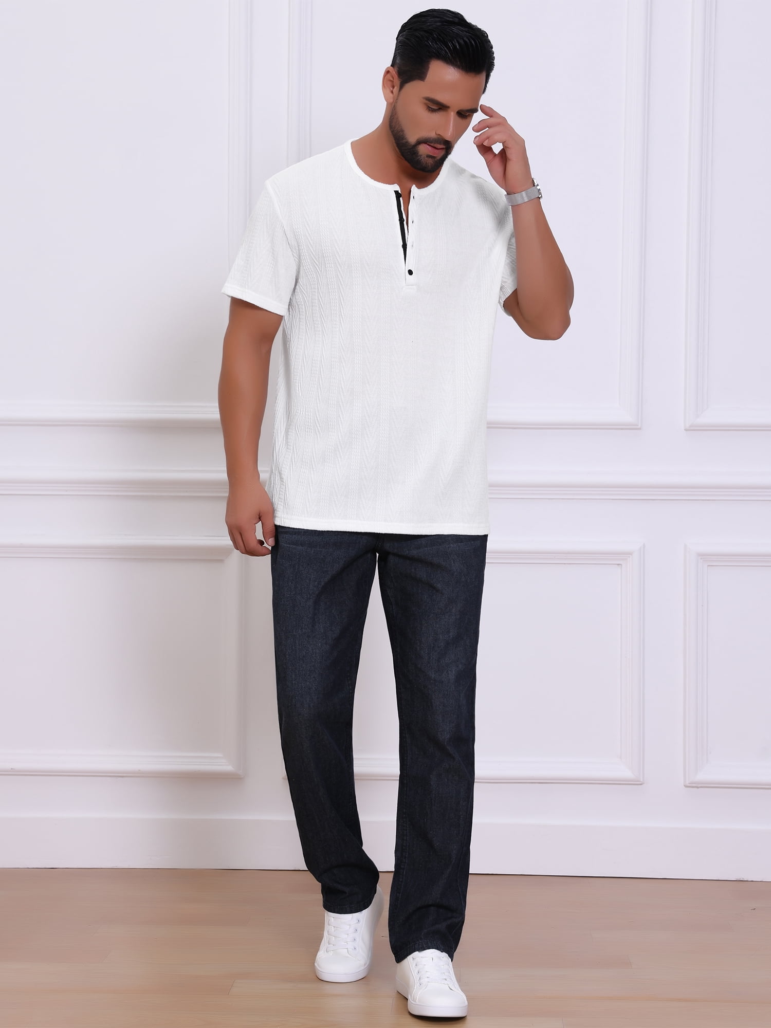 DARING DIVA Men's Henley Short Sleeve Button Down Jacquard Knitted T-Shirt S White