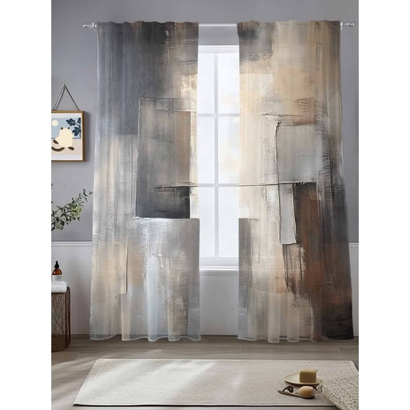 Abstract Style Sheer Curtains 84 Inches Long 2 Panels Vintage Brown Gray Beige Minimalist Art Light Filtering Semi Sheer Window Curtains Drapes for Bedroom Living Room 52"x84"