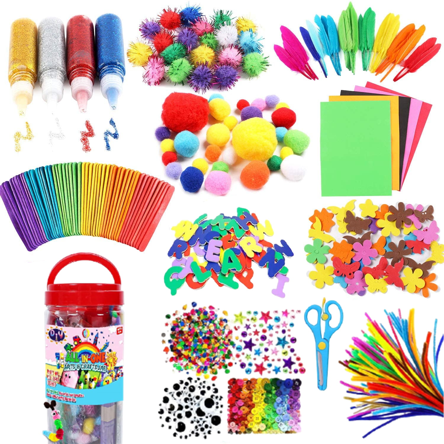 50 Wiggle Googly Eyes IKUKUER Pipe Cleaners,DIY Art Crafts Set Include 300 Pipe Cleaners,100 Glitter Craft Chenille Stems 50 Mascara Eyes,50 Colored Eyes 150 Multicolor Pom Poms 