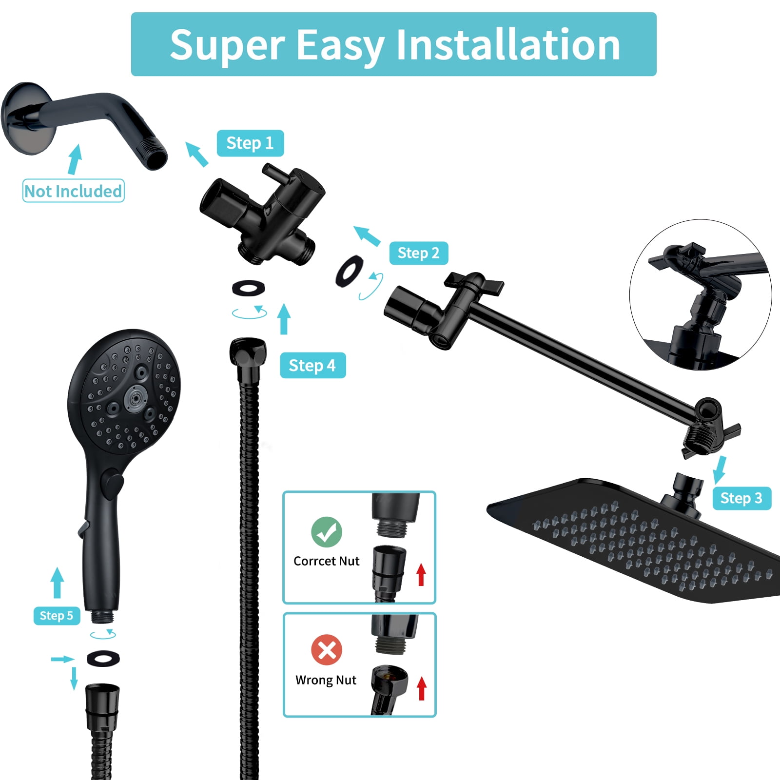 VXV 7-Setting Shower Head, 8” Rain Shower Head with Handheld Spray Combo, 11" Extension Arm Height Adjustable, High Pressure Shower Heads, Matte Black