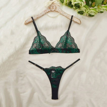 uublik Women s Lingerie Set Valentine s Day 2 Piece Lace V Neck Bra and Panty Sets Green XL