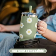 YAYA My First Travel Tumbler for Preschool & Kids 3+, Insulated Stainless Steel Tumbler with Reusable Silicone Straw & Spill-Proof Lid, Cup Holder Compatible, BPA-Free, 12oz, Daisies