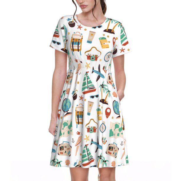 Balery Travel1 Vestidos sueltos de manga corta para mujer, vestidos de verano 2025, vestidos casuales de corte A con vuelo.