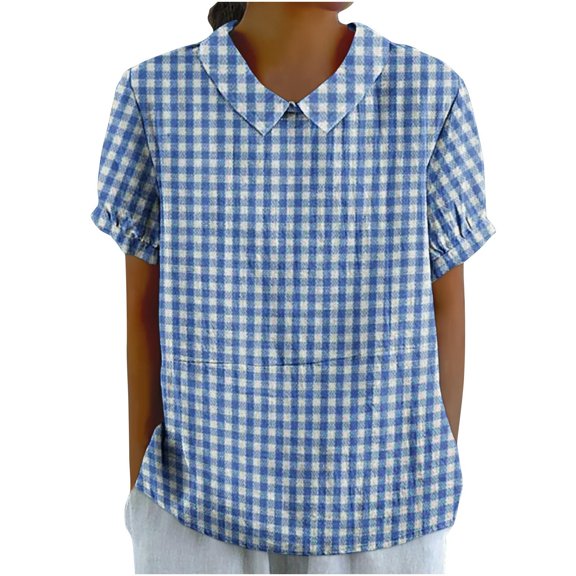 Zynoxe Womens Cotton Linen Blouses Casual Patchwork Lapel Puff Short Sleeves Plus Size Tops for Women Summer Trendy Loose Flowy Plaid Womens T-shirt Blue S