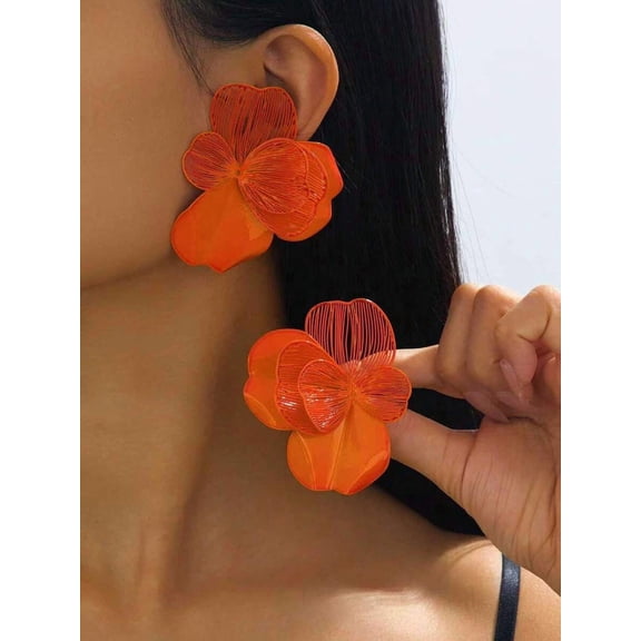 Orange Floral Textured Stud Earrings For Women Fashion Jewelry