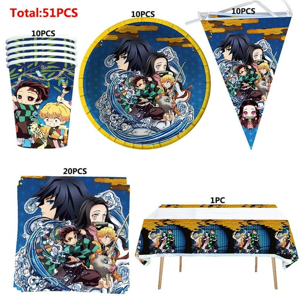Demon Slayer Kamado Nezuko juego de decoración de fiesta temática, suministros, taza de papel, plato, cuchara de tejido, globo para Baby Shower, cumpleaños de niña
