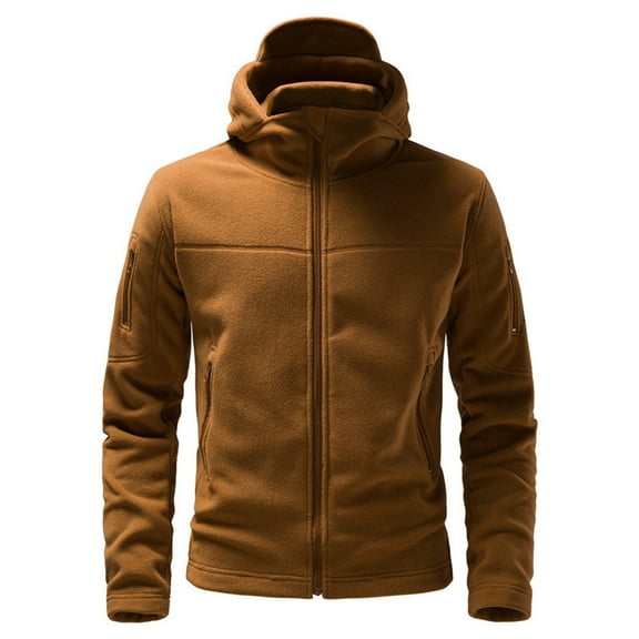 Mens Fleece Outdoor Jacket with Hood Zipper Multi Pockets Thermal Military Travel Work Hooded Coat Outwear S-XXL (X-Large, Khaki)