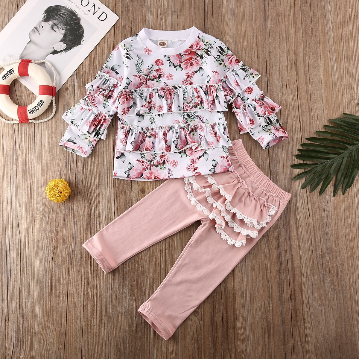 Dookingup Toddler Kids Baby Girl Clothes Ruffle Sleeve T-Shirt Tops+Floral Long Pants Leggings Outfits Set with Handband