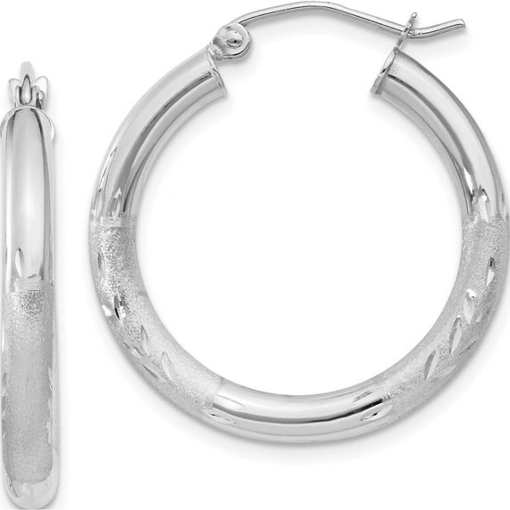 14K White Gold Satin And Diamond-Cut 3mm Round Hoop Earrings (20 X 2.5) Made In Peru tc277
