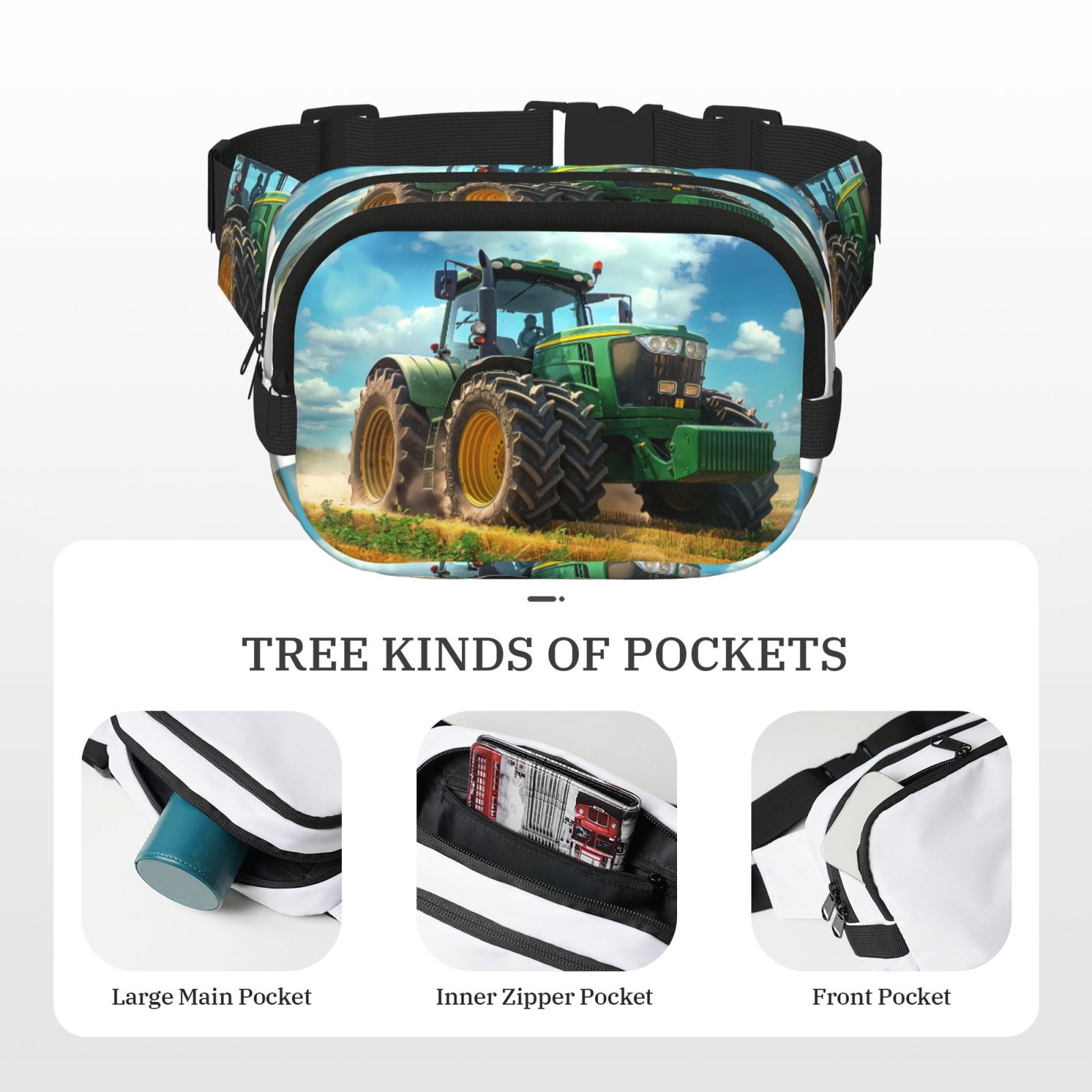 Kuqiui Green Tractor Field Print Fanny Packs for Women Cross Body Waist Bag Fashionable Fanny Pack Designer Workout Hiking Waist Pack Running Travel Gym