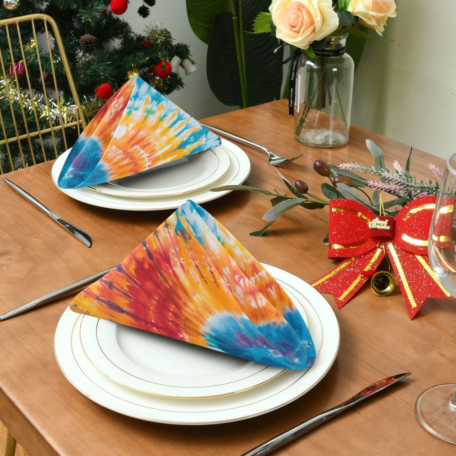 JSTEL Tie Dye Rainbow Color Cloth Napkins Set of 6, 20x20 Inch Washable and Reusable Napkin for Decoupage Dinner Party Everyday Use