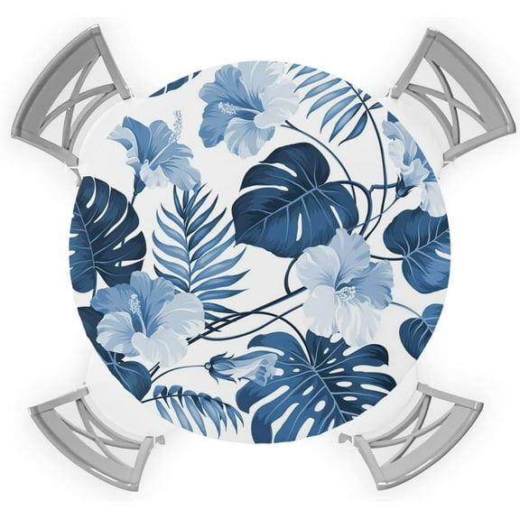 Round Table Cover 45-52 Inch, Waterproof Reusable Table Cloth Round Fitted Vinyl Tablecloth with Elastic Edged for Parties Outdoors, Blue Tropical Palm Branches
