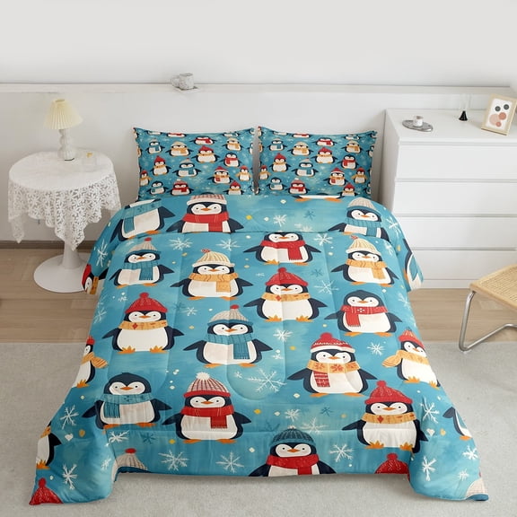 Manfei Cartoon Funny Penguin Bedding Comforter Set, Christmas Snowflake Twin Comforter Sets, Kawaii Wildlife Animal Bedding Set, Luxury Bedroom Decor, 2 Pieces