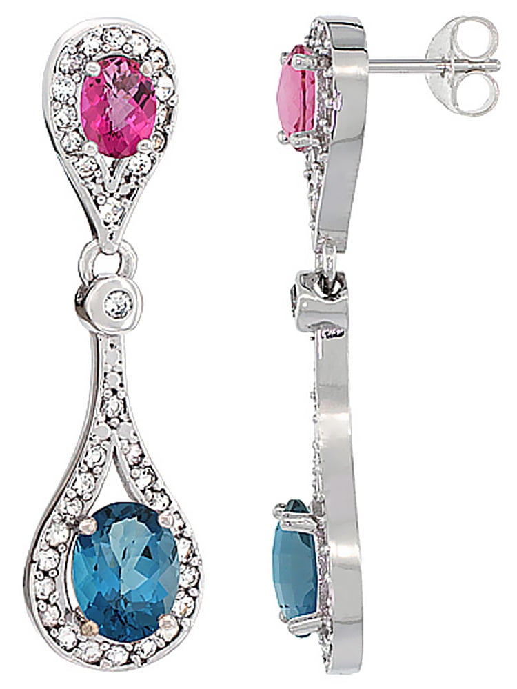 10K White Gold Natural London Blue Topaz & Pink Topaz Oval Dangling Earrings White Sapphire & Diamond Accents, 1 3 8... by WorldJewels