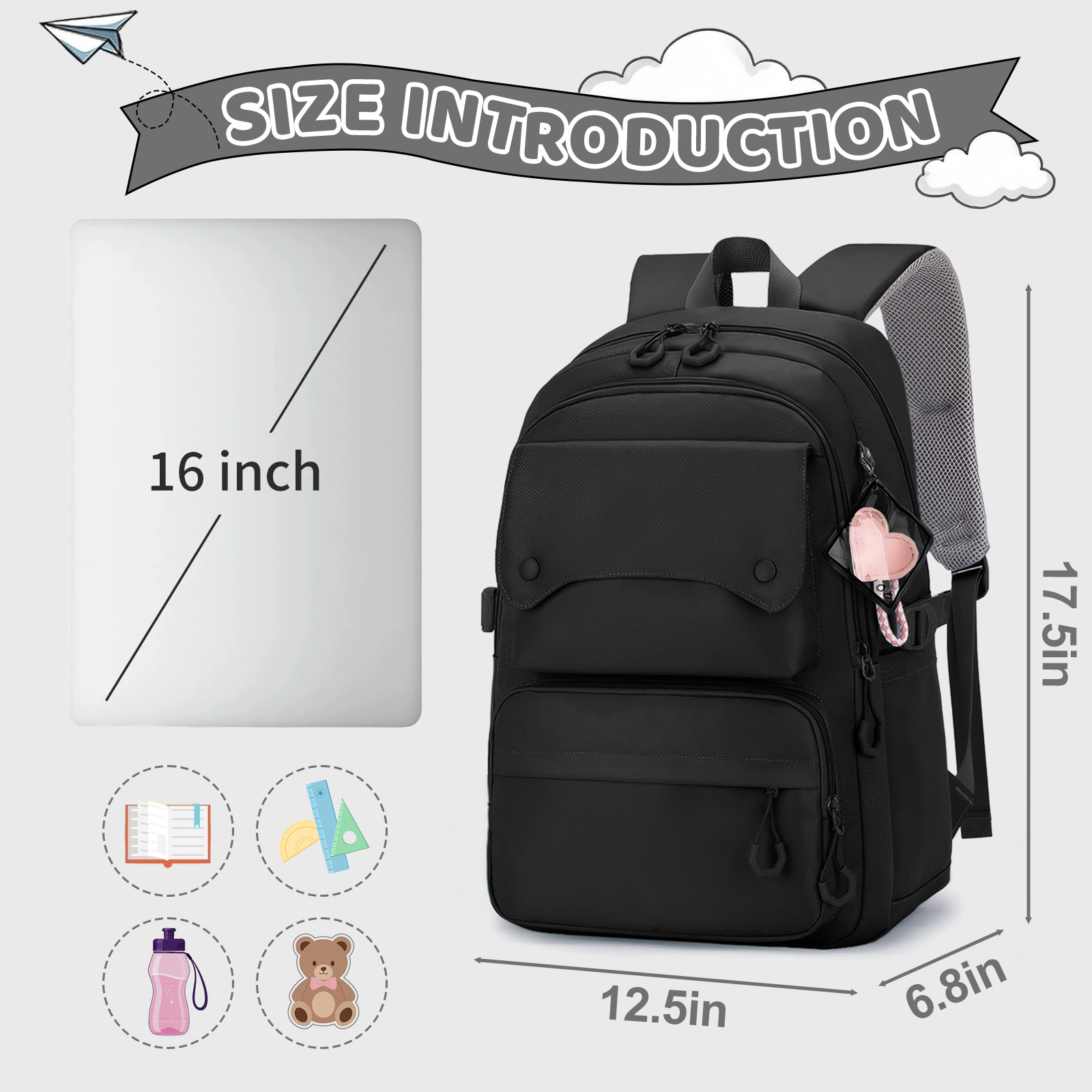 Inadays School Backpack for 15.6" Laptop, Black photo 2