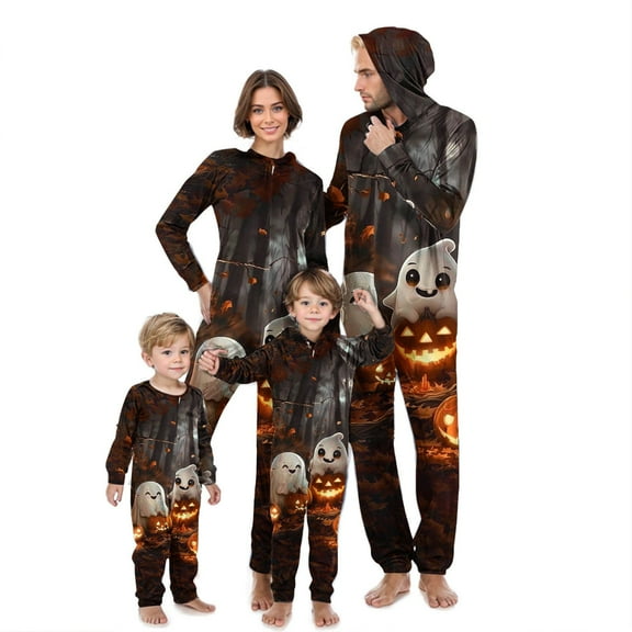 AGWOLF Family Onesies Matching Sets Halloween Costume Funny Ghost Print Long Sleeve Zipper Hoodie Jammies Sleepwear One-Piece Loungwear for Holiday Party Mom XL
