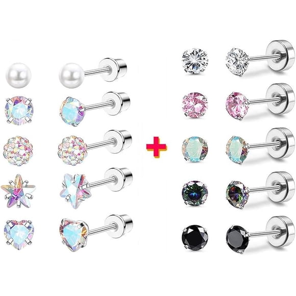 10 Pairs G23 Pure Titanium Earrings Women Men Teen Toddlers Screw Flat Back Stud Sensitive Ears Hypoallergenic
