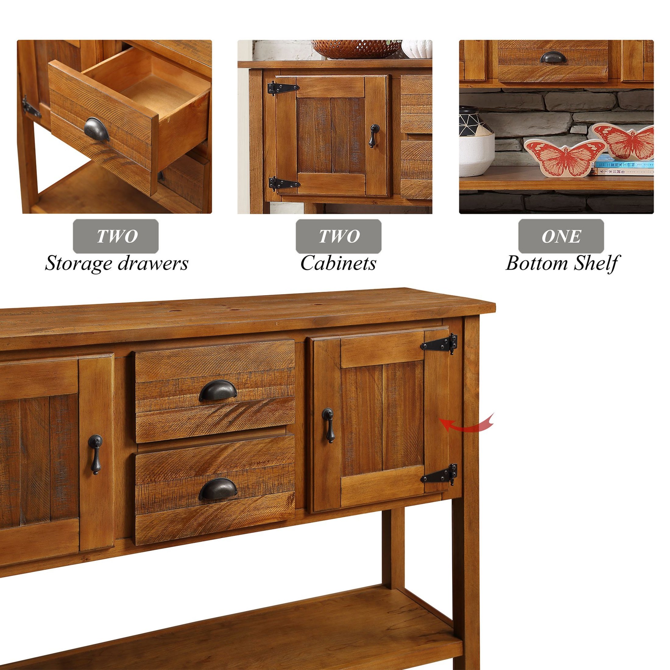 Noble House Warren Modern Entryway Console Table, Pine Wood Frame with Drawers, Cabinets and Shelf, Brown