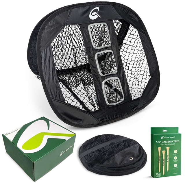 Kit de golf Go For It Golf con red de astillado y 25 camisetas de madera