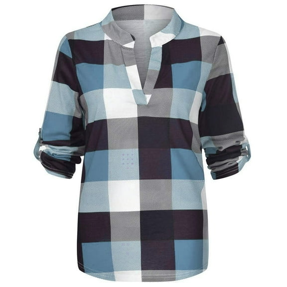 TIHLMK Women's Tops, Tees & Blouses Women Casual Cotton Long Sleeve Plaid Shirt Women's Slim Jacket Shirt Top Sky Blue