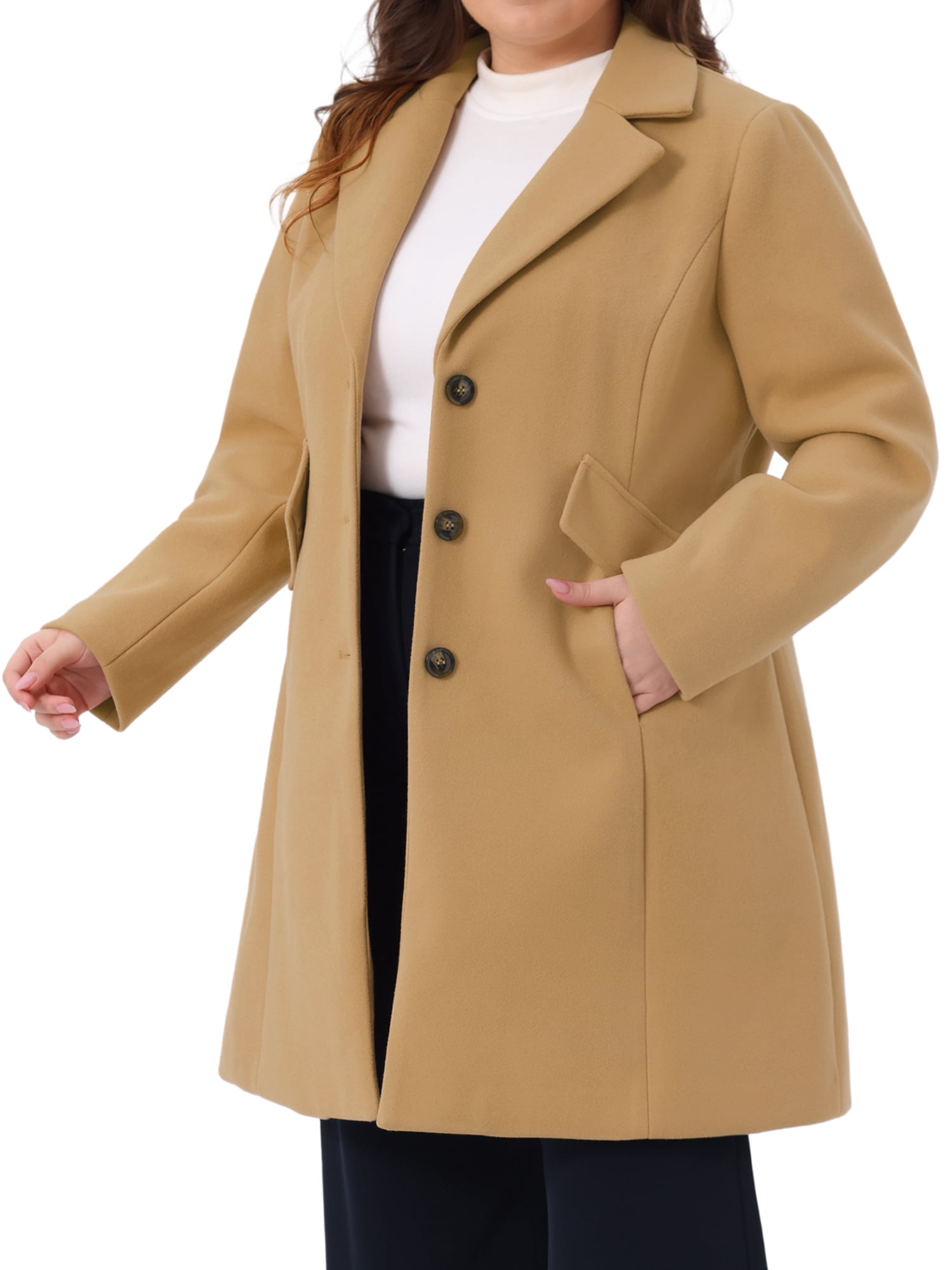 DARING DIVA Women's Plus Mid Length Notch Lapel Single Breasted Pea Jacket 4X Camel
