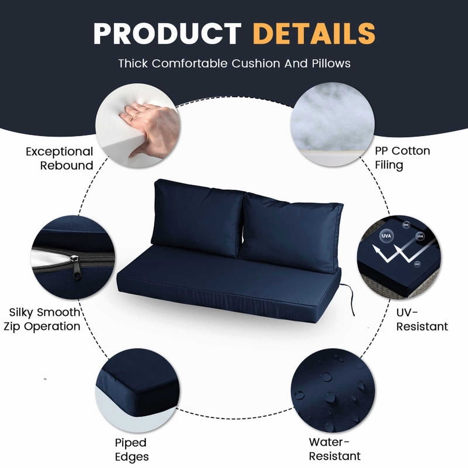 Outdoor Loveseat Cushions Set 48" x 24" Water Repellent & Fadeness Patio Furniture Cushions with Removable Cover and Ties, Patio Love Seat Sofa Cushions for Porch Garden Chair （Navy blue）
